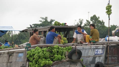 Ghe chở buồng chuối trên sông ở chợ nổi